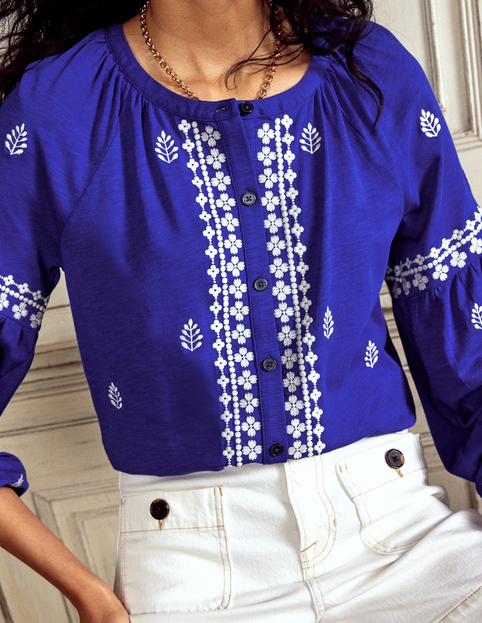 Embroidered Seam Sleeve Shirt-Bright Blue Embroidered Seam Sleeve Shirt-Bright Blue
