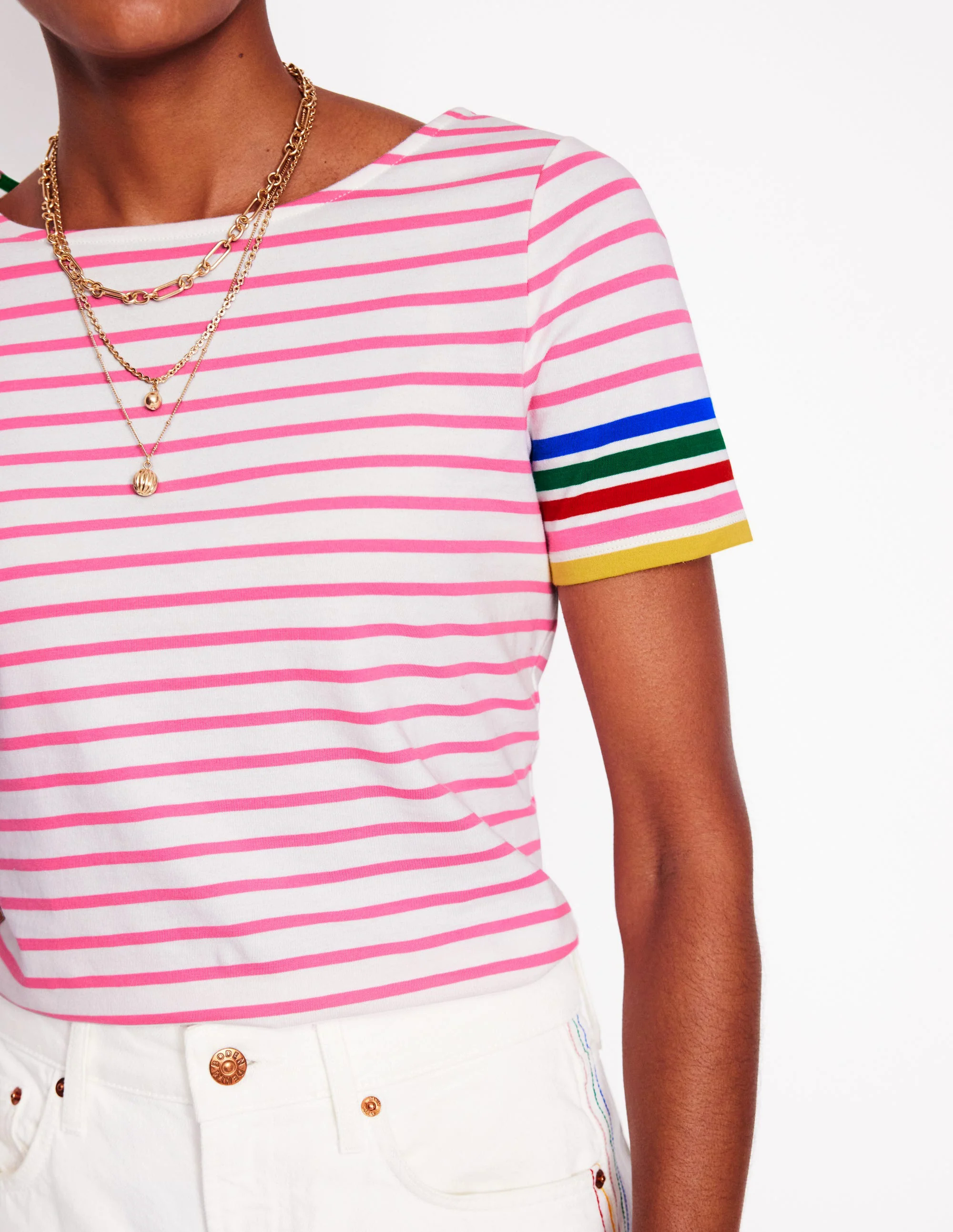 Ella Short Sleeve Breton-Pink Rose Multi Sleeve Stripe