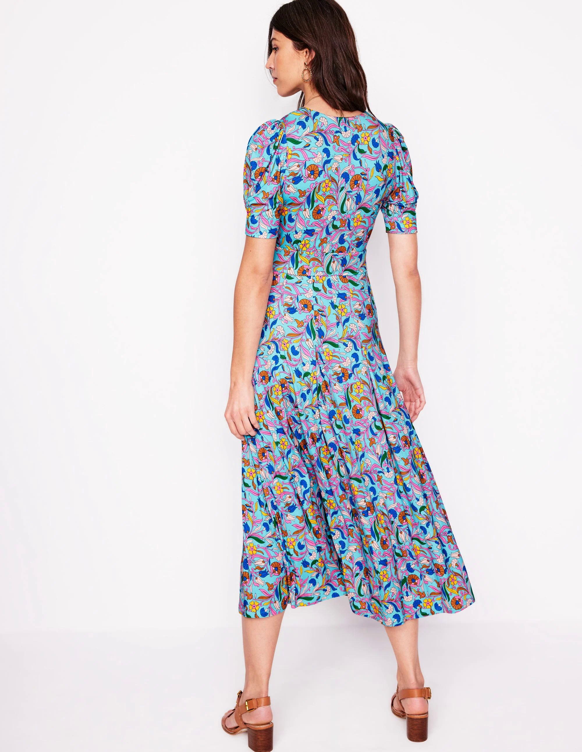Kristen Pleated Jersey Dress-Blue, Enchanting Vine