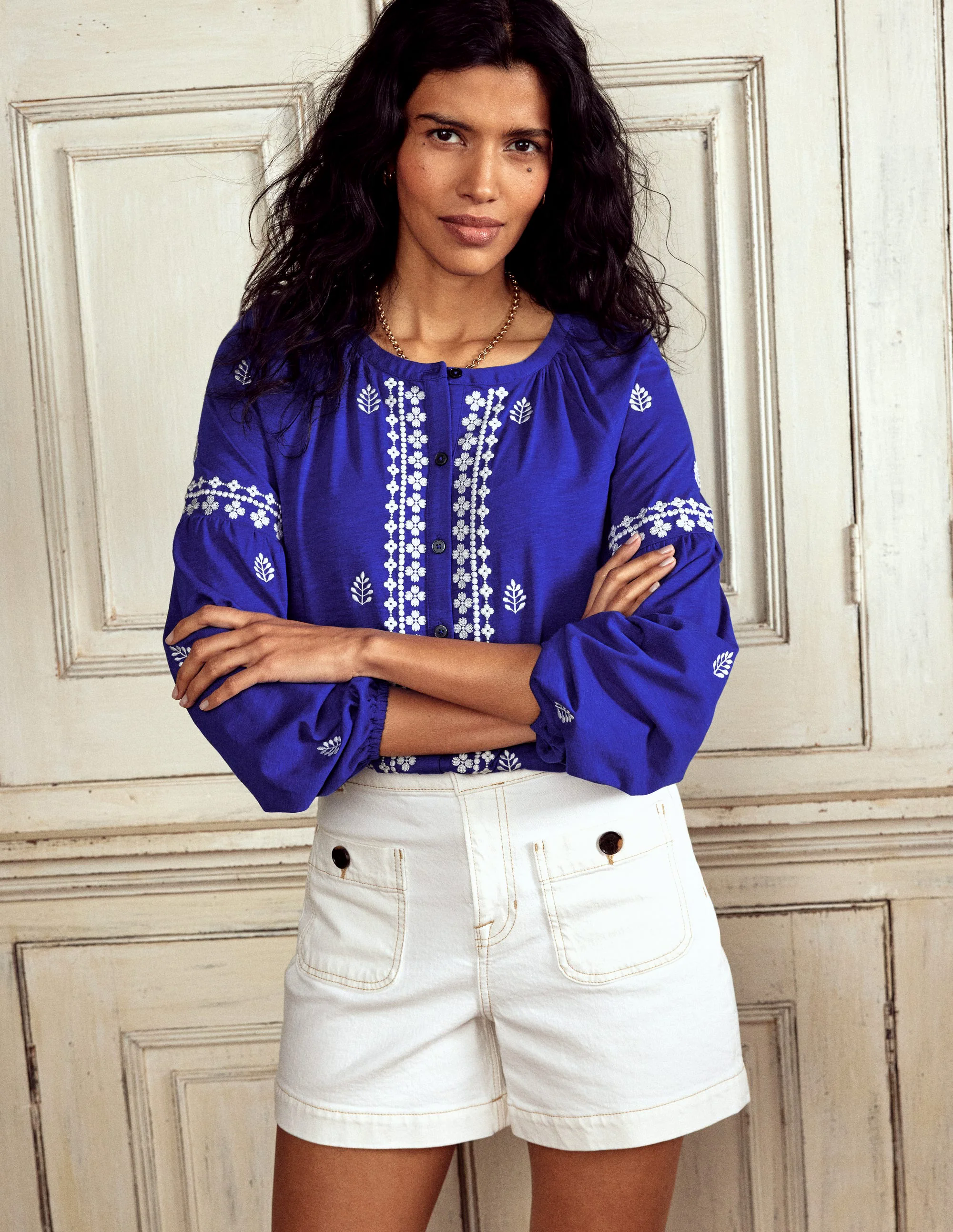 Embroidered Seam Sleeve Shirt-Bright Blue Embroidered Seam Sleeve Shirt-Bright Blue